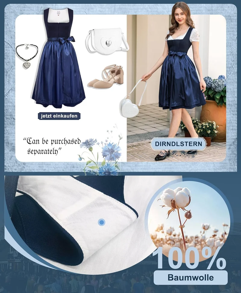 DIRNDLSTERN Dirndl Damen Blau Ohne - Schnürung Midi Damen Outfit Oktoberfest 2025