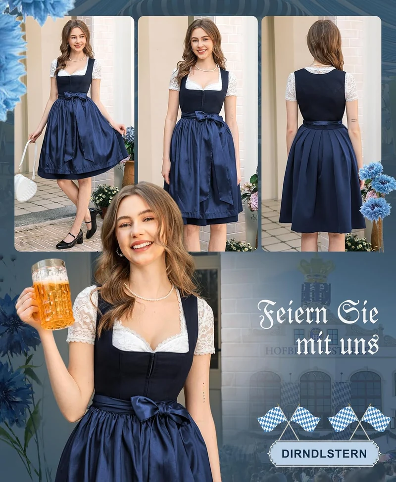 DIRNDLSTERN Dirndl Damen Blau Ohne - Schnürung Midi Damen Outfit Oktoberfest 2025