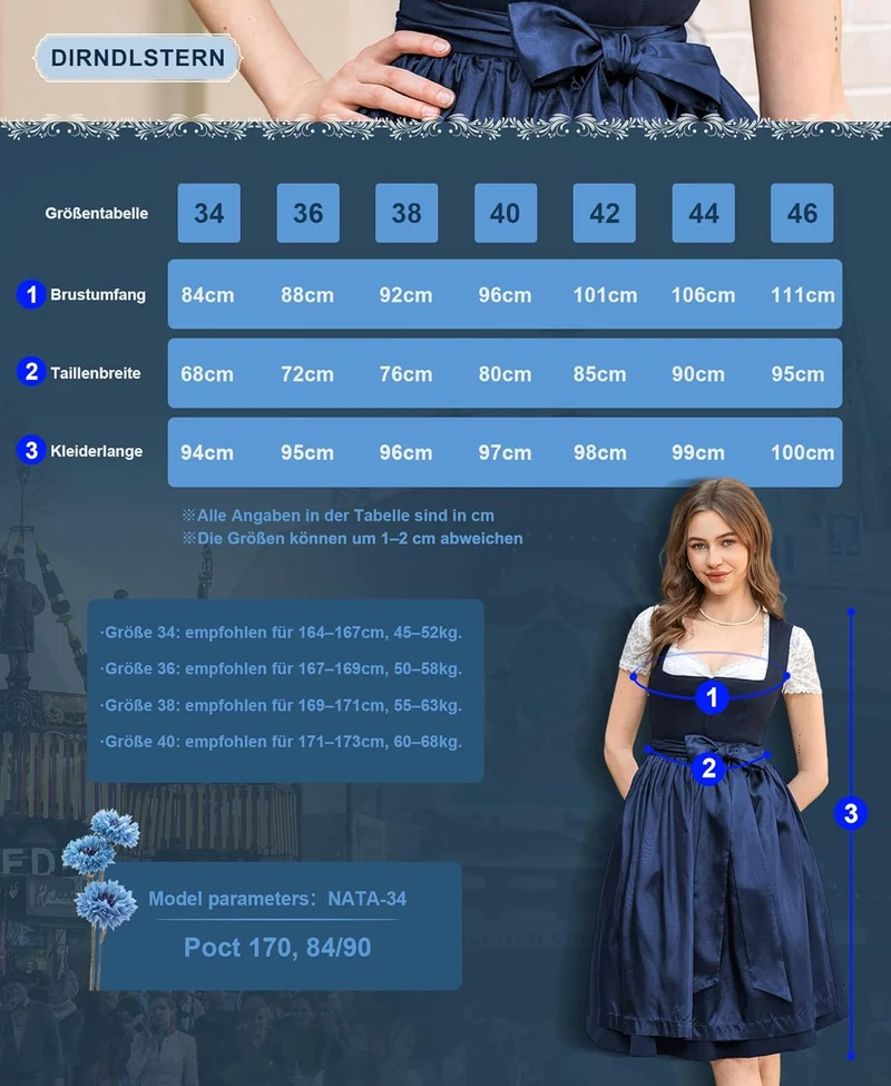 DIRNDLSTERN Dirndl Damen Blau Ohne - Schnürung Midi Damen Outfit Oktoberfest 2025