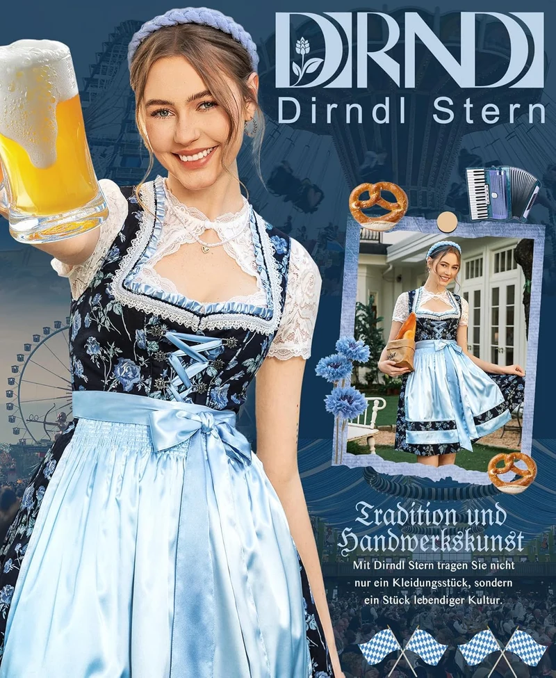 DIRNDLSTERN Dirndl Damen Mini Blau - Trachtenkleid Baumwolle mit Blumenmuster Dirndlkleid mit Schürze und Ersatzknöpfen Ausgestattet