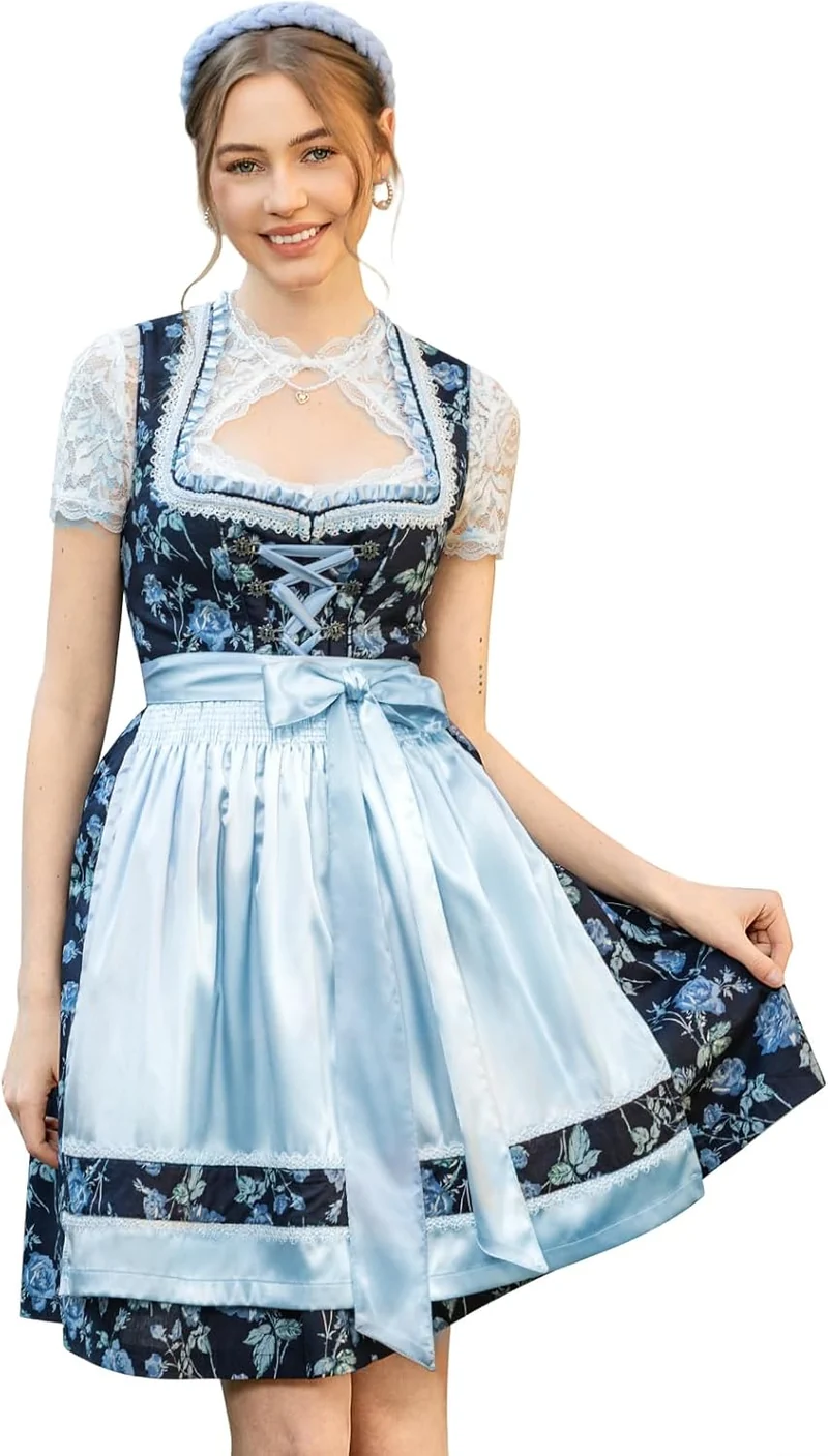 DIRNDLSTERN Dirndl Damen Mini Blau - Trachtenkleid Baumwolle mit Blumenmuster Dirndlkleid mit Schürze und Ersatzknöpfen Ausgestattet