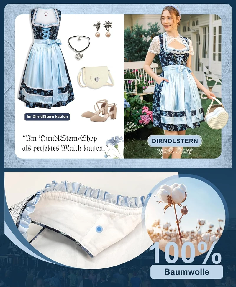 DIRNDLSTERN Dirndl Damen Mini Blau - Trachtenkleid Baumwolle mit Blumenmuster Dirndlkleid mit Schürze und Ersatzknöpfen Ausgestattet