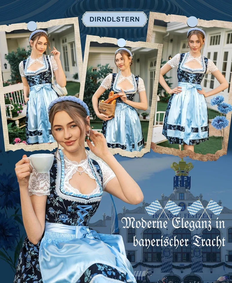 DIRNDLSTERN Dirndl Damen Mini Blau - Trachtenkleid Baumwolle mit Blumenmuster Dirndlkleid mit Schürze und Ersatzknöpfen Ausgestattet
