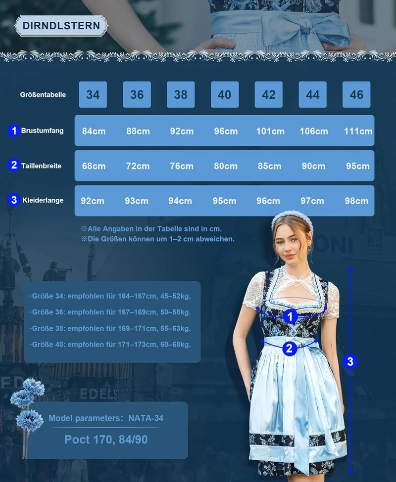 DIRNDLSTERN Dirndl Damen Mini Blau - Trachtenkleid Baumwolle mit Blumenmuster Dirndlkleid mit Schürze und Ersatzknöpfen Ausgestattet
