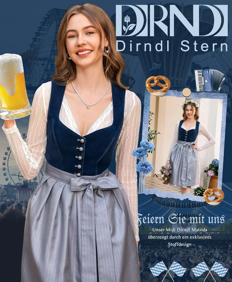 DIRNDLSTERN Dirndl Damen Midi Blau - Dirndlkleid Samt Trachtenmode Kleid mit Dirndlschürze Trachtenkleid für Oktoberfest