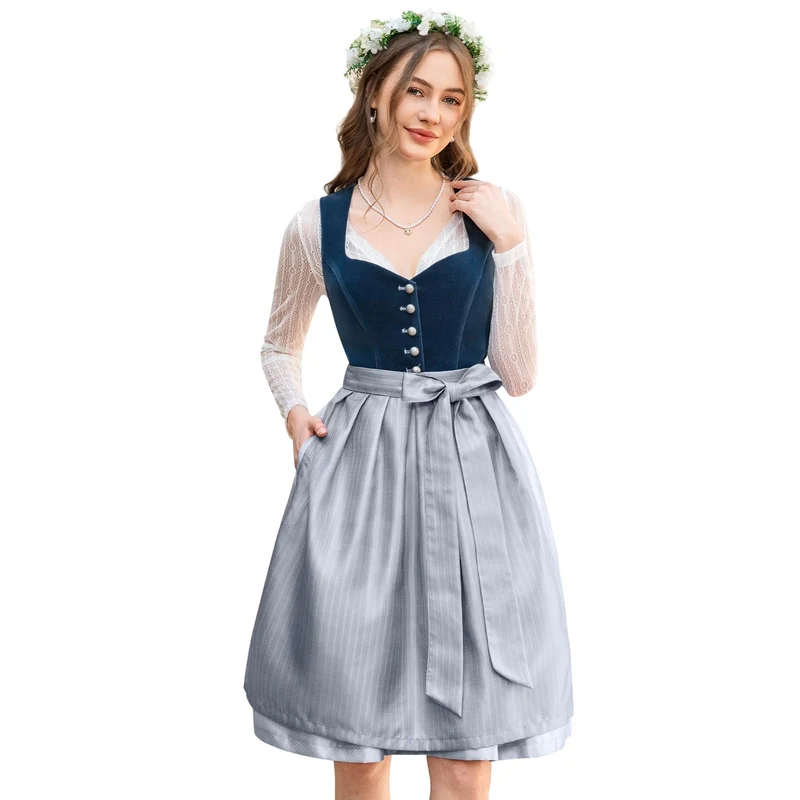 DIRNDLSTERN Dirndl Damen Midi Blau - Dirndlkleid Samt Trachtenmode Kleid mit Dirndlschürze Trachtenkleid für Oktoberfest