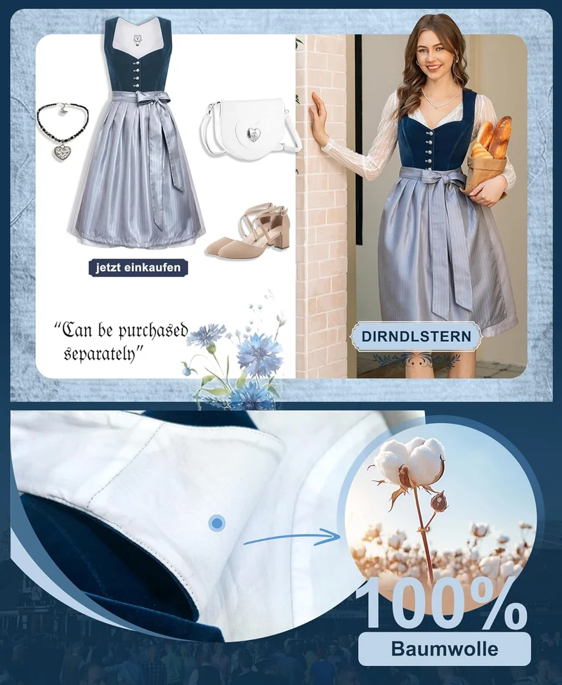 DIRNDLSTERN Dirndl Damen Midi Blau - Dirndlkleid Samt Trachtenmode Kleid mit Dirndlschürze Trachtenkleid für Oktoberfest
