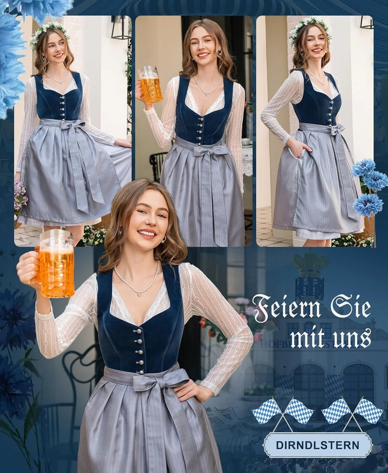 DIRNDLSTERN Dirndl Damen Midi Blau - Dirndlkleid Samt Trachtenmode Kleid mit Dirndlschürze Trachtenkleid für Oktoberfest