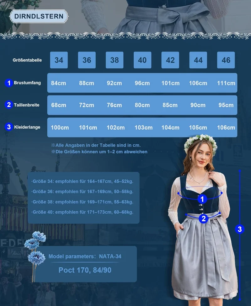 DIRNDLSTERN Dirndl Damen Midi Blau - Dirndlkleid Samt Trachtenmode Kleid mit Dirndlschürze Trachtenkleid für Oktoberfest