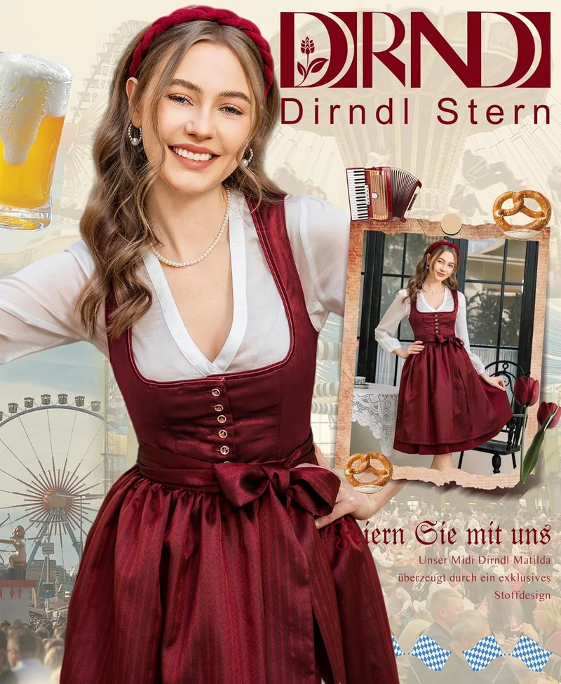 DIRNDLSTERN Dirndl Damen Midi Rot - Trachtenkleid Damen Dirndlkleid mit Plissee Dirndlschürze für Oktoberfest