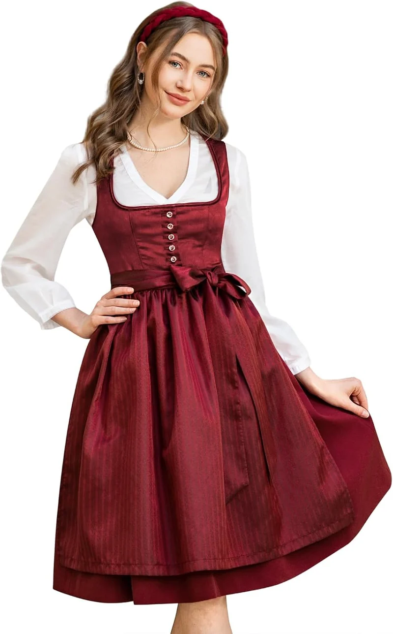 DIRNDLSTERN Dirndl Damen Midi Rot - Trachtenkleid Damen Dirndlkleid mit Plissee Dirndlschürze für Oktoberfest