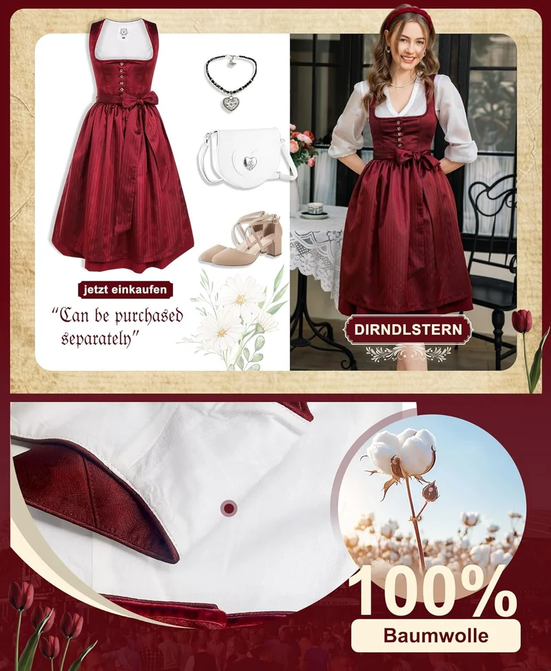 DIRNDLSTERN Dirndl Damen Midi Rot - Trachtenkleid Damen Dirndlkleid mit Plissee Dirndlschürze für Oktoberfest