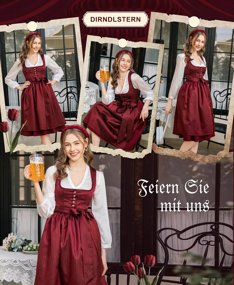 DIRNDLSTERN Dirndl Damen Midi Rot - Trachtenkleid Damen Dirndlkleid mit Plissee Dirndlschürze für Oktoberfest