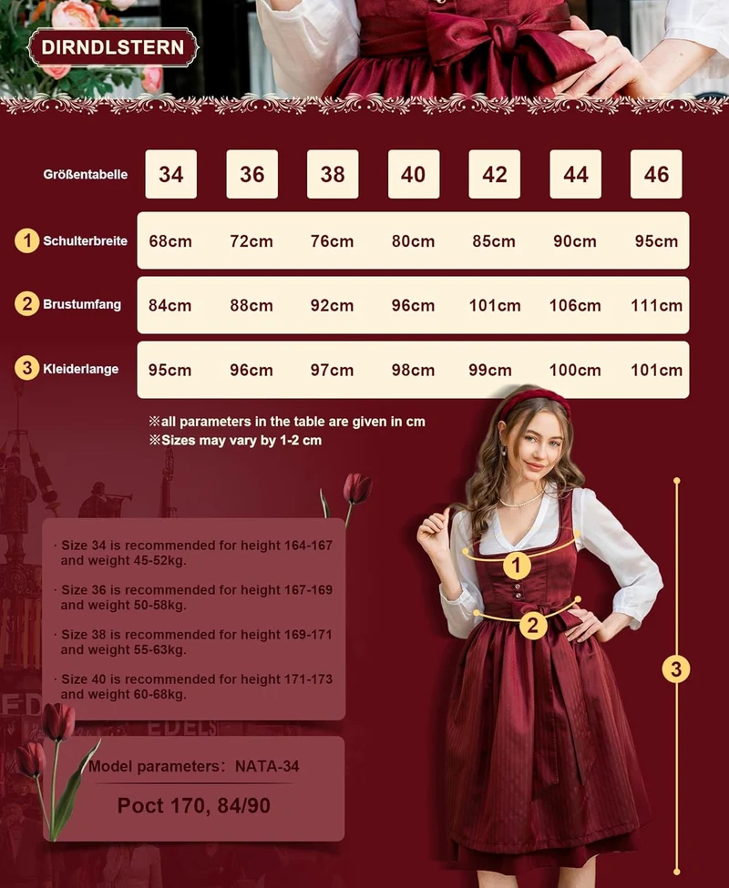 DIRNDLSTERN Dirndl Damen Midi Rot - Trachtenkleid Damen Dirndlkleid mit Plissee Dirndlschürze für Oktoberfest