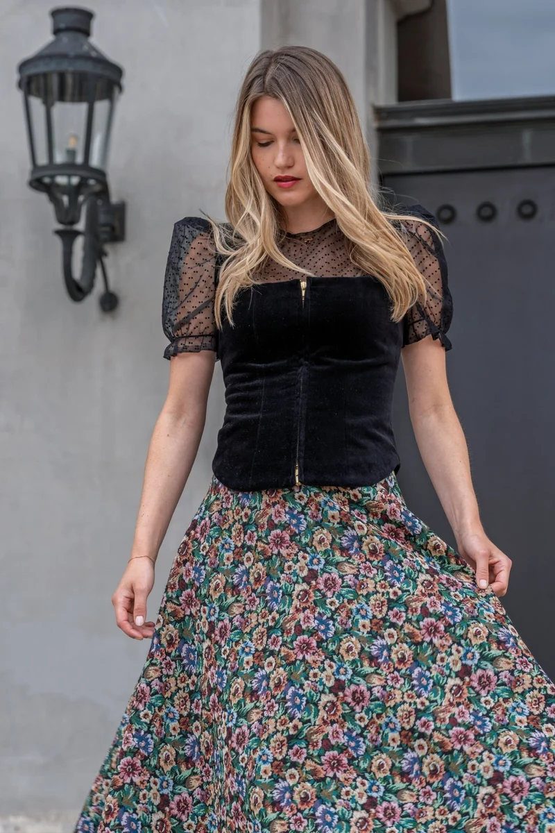 DIRNDLBLUSE TÜLL POLKA DOTS PUFFÄRMEL SCHWARZ