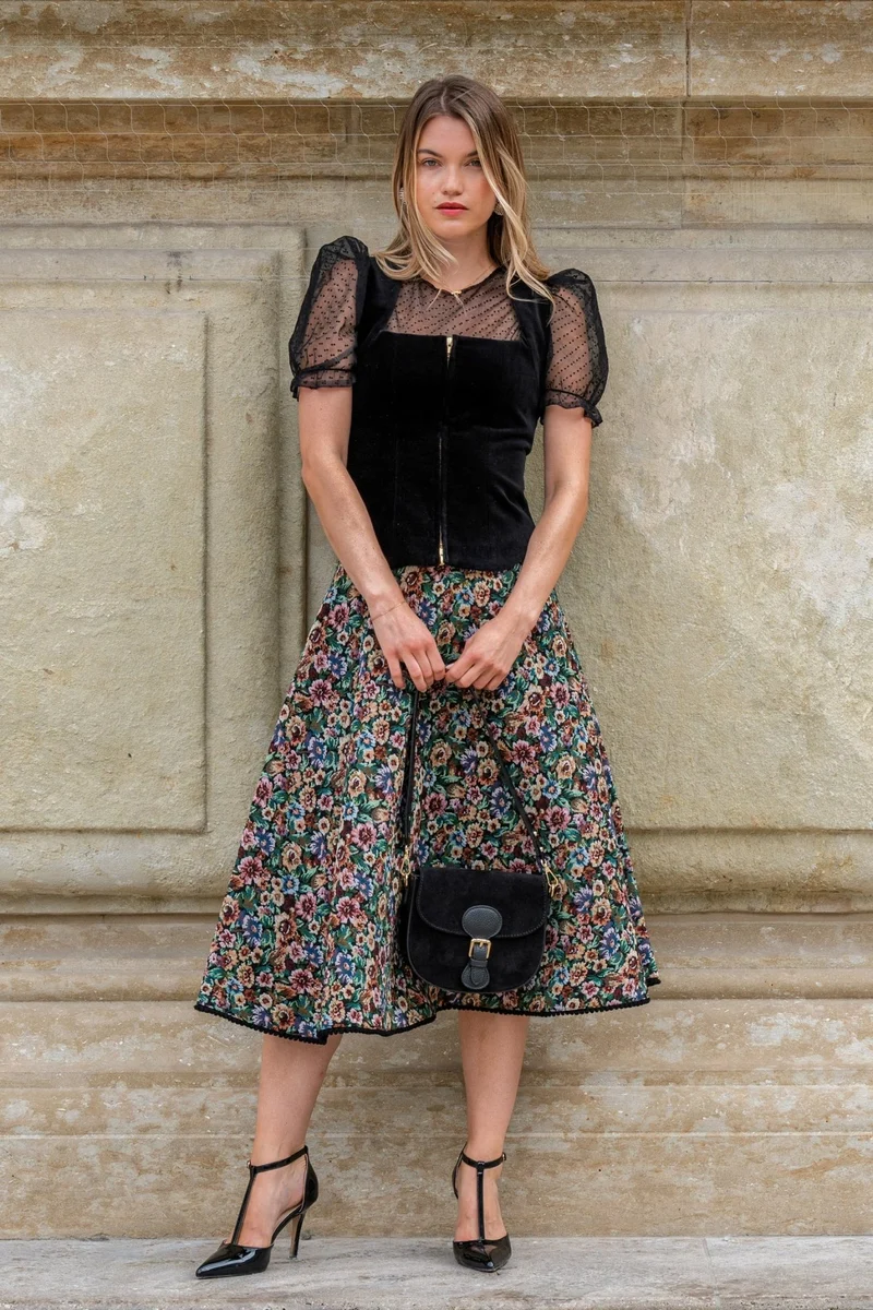 DIRNDLBLUSE TÜLL POLKA DOTS PUFFÄRMEL SCHWARZ