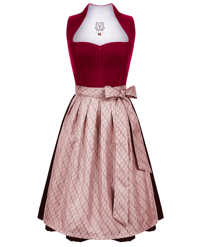 DIRNDLSTERN Dirndl Damen Midi Rot - Elegantes Trachtenkleid Samt Dirndl mit Plissee Schürze Perfekt für Oktoberfest