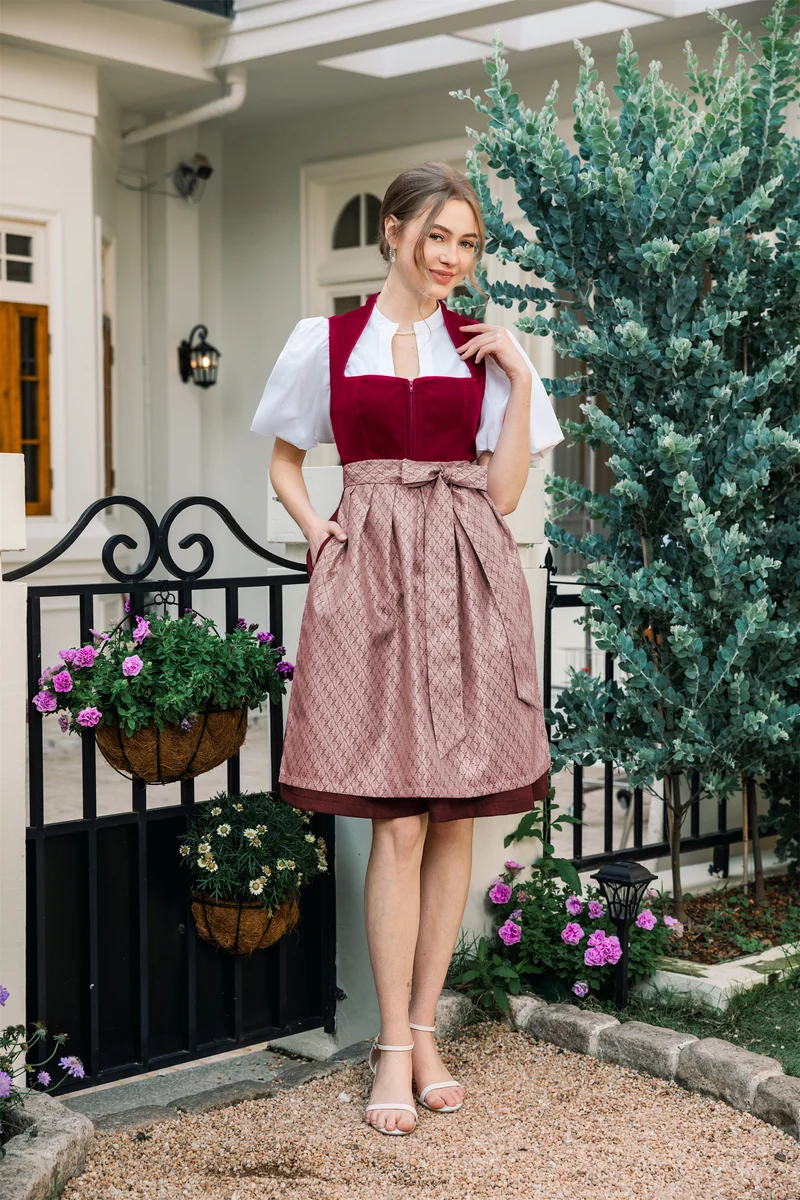 DIRNDLSTERN Dirndl Damen Midi Rot - Elegantes Trachtenkleid Samt Dirndl mit Plissee Schürze Perfekt für Oktoberfest