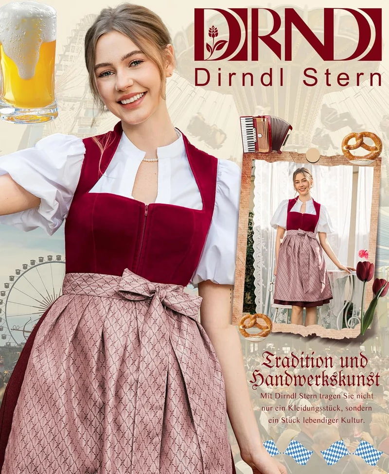 DIRNDLSTERN Dirndl Damen Midi Rot - Elegantes Trachtenkleid Samt Dirndl mit Plissee Schürze Perfekt für Oktoberfest