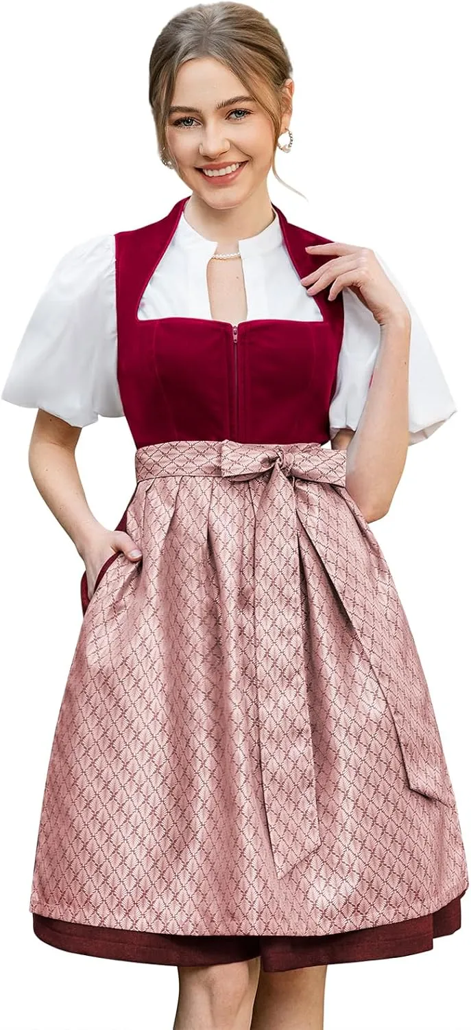 DIRNDLSTERN Dirndl Damen Midi Rot - Elegantes Trachtenkleid Samt Dirndl mit Plissee Schürze Perfekt für Oktoberfest