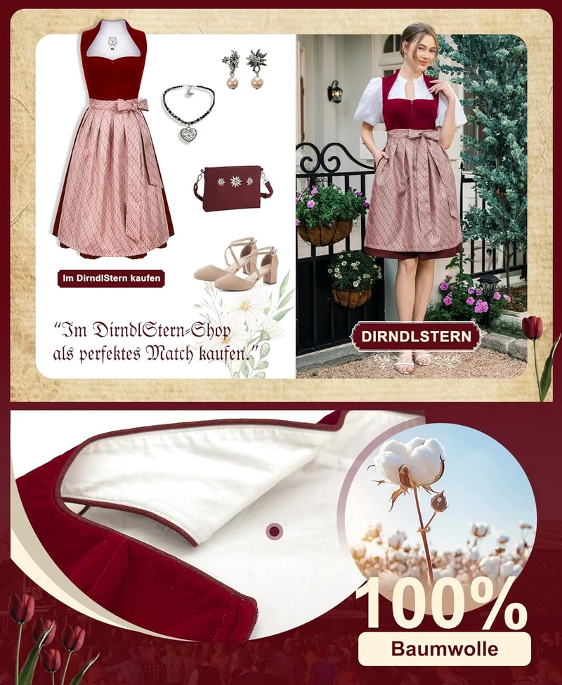 DIRNDLSTERN Dirndl Damen Midi Rot - Elegantes Trachtenkleid Samt Dirndl mit Plissee Schürze Perfekt für Oktoberfest