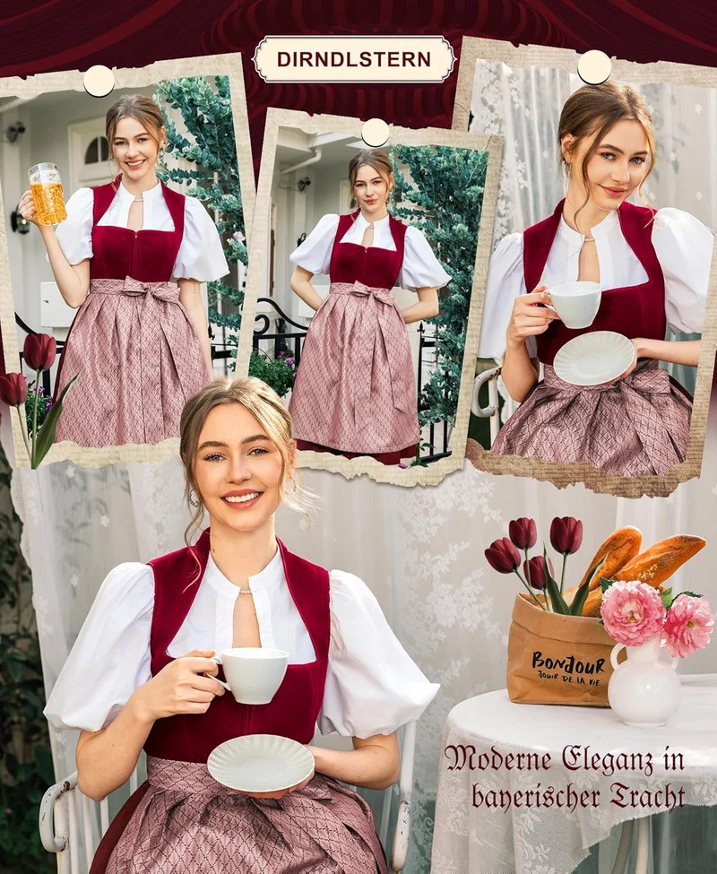 DIRNDLSTERN Dirndl Damen Midi Rot - Elegantes Trachtenkleid Samt Dirndl mit Plissee Schürze Perfekt für Oktoberfest