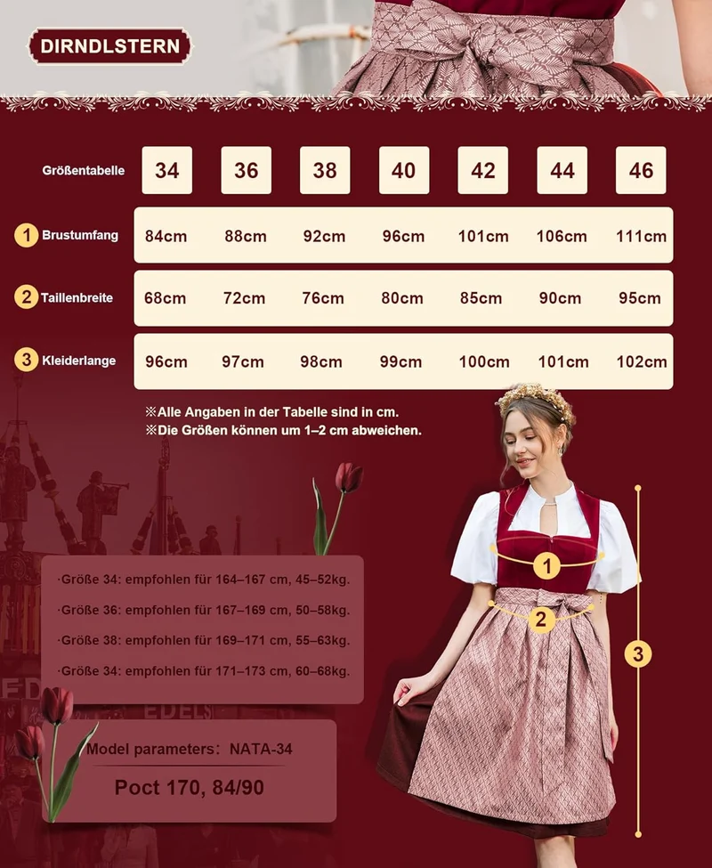 DIRNDLSTERN Dirndl Damen Midi Rot - Elegantes Trachtenkleid Samt Dirndl mit Plissee Schürze Perfekt für Oktoberfest