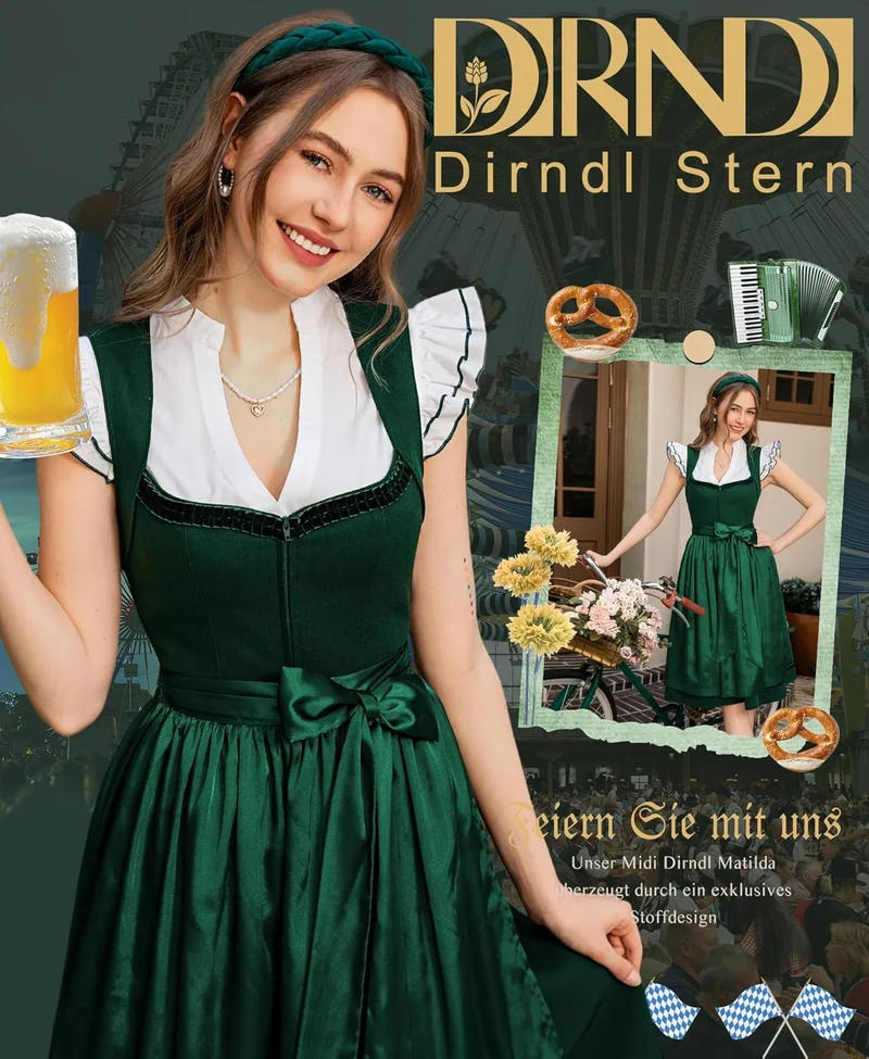 DIRNDLSTERN Dirndl Damen Trachtenrock Grün - Midi Trachtenkleid für Oktoberfest Leinen Dirndlkleid mit Dirndlschürzen