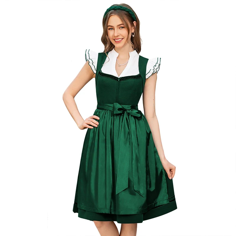 DIRNDLSTERN Dirndl Damen Trachtenrock Grün - Midi Trachtenkleid für Oktoberfest Leinen Dirndlkleid mit Dirndlschürzen