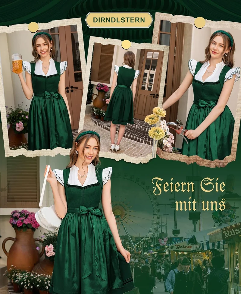 DIRNDLSTERN Dirndl Damen Trachtenrock Grün - Midi Trachtenkleid für Oktoberfest Leinen Dirndlkleid mit Dirndlschürzen