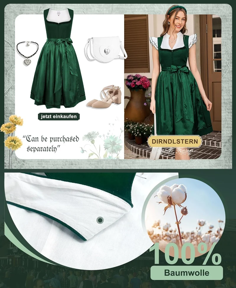 DIRNDLSTERN Dirndl Damen Trachtenrock Grün - Midi Trachtenkleid für Oktoberfest Leinen Dirndlkleid mit Dirndlschürzen