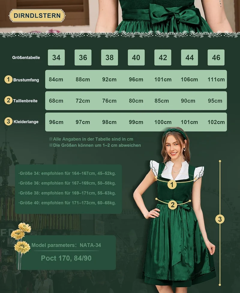 DIRNDLSTERN Dirndl Damen Trachtenrock Grün - Midi Trachtenkleid für Oktoberfest Leinen Dirndlkleid mit Dirndlschürzen
