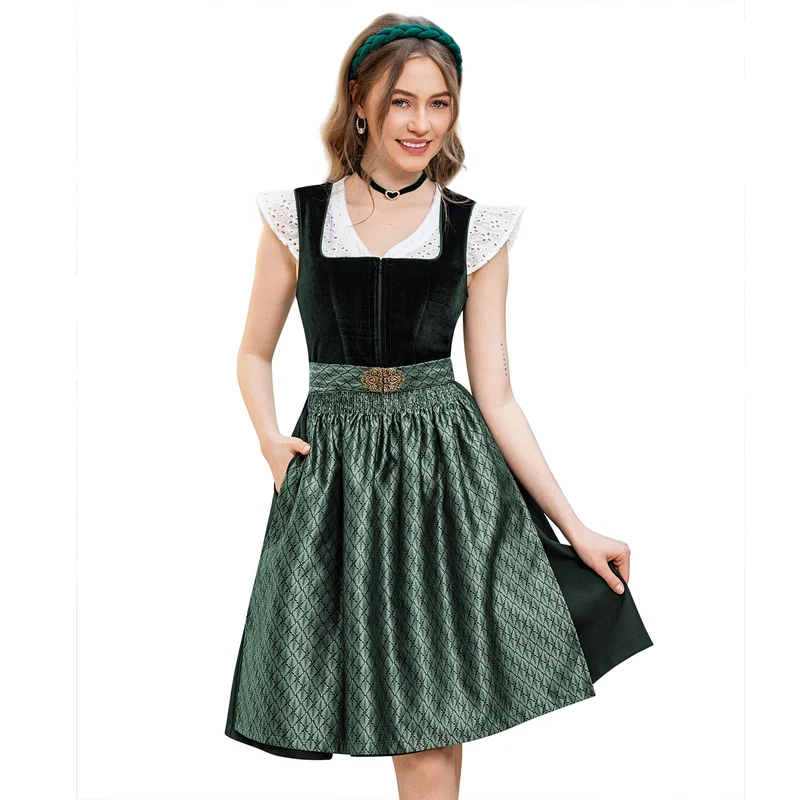 DIRNDLSTERN Dirndl Damen Trachtenkleid Grün - Trachtenrock Midi Samt Dirndlkleid Oktoberfest Outfit mit Dirndlschürzen