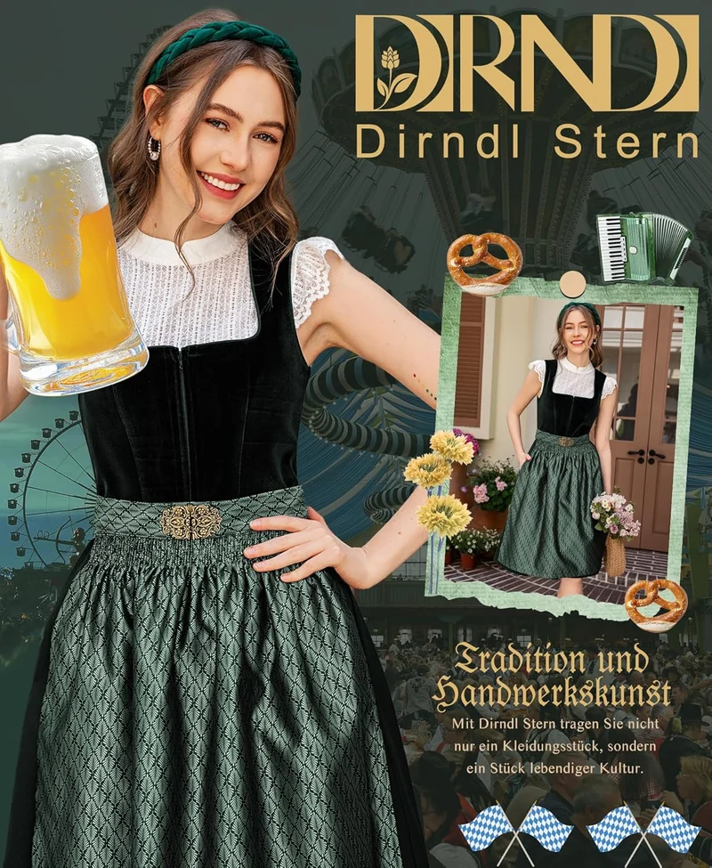 DIRNDLSTERN Dirndl Damen Trachtenkleid Grün - Trachtenrock Midi Samt Dirndlkleid Oktoberfest Outfit mit Dirndlschürzen