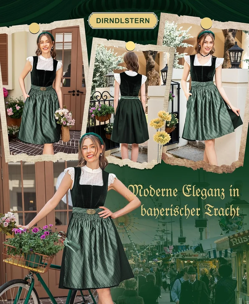 DIRNDLSTERN Dirndl Damen Trachtenkleid Grün - Trachtenrock Midi Samt Dirndlkleid Oktoberfest Outfit mit Dirndlschürzen