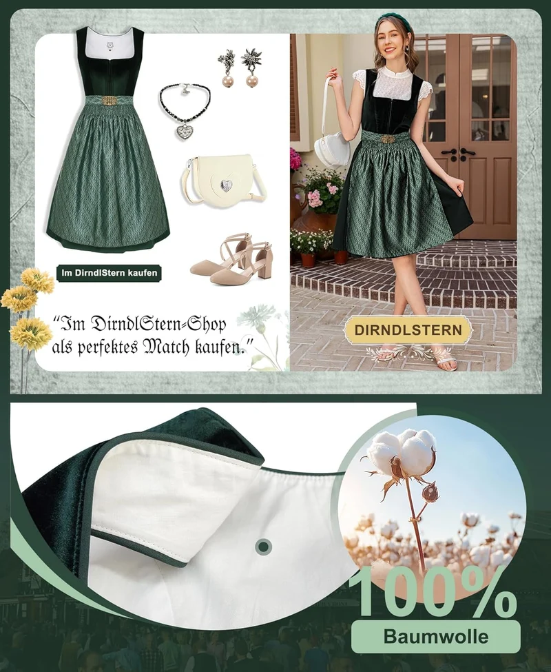DIRNDLSTERN Dirndl Damen Trachtenkleid Grün - Trachtenrock Midi Samt Dirndlkleid Oktoberfest Outfit mit Dirndlschürzen