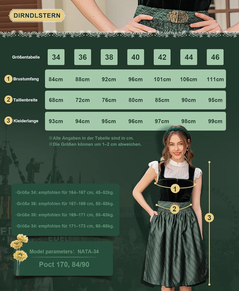 DIRNDLSTERN Dirndl Damen Trachtenkleid Grün - Trachtenrock Midi Samt Dirndlkleid Oktoberfest Outfit mit Dirndlschürzen