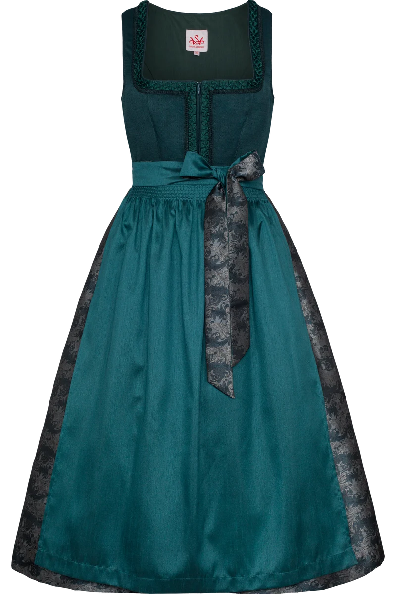 Langes Dirndl mit Froschgoscherl-Bordüre - petrol
