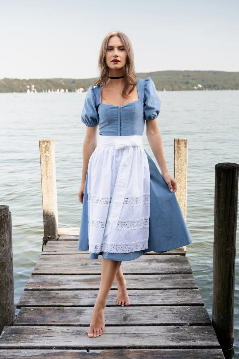 CORD DIRNDL LIMITED EDITION 2024 FLARE FLOWER TRADITION HELLBLAU WEISS MIT 2 SCHÜRZEN