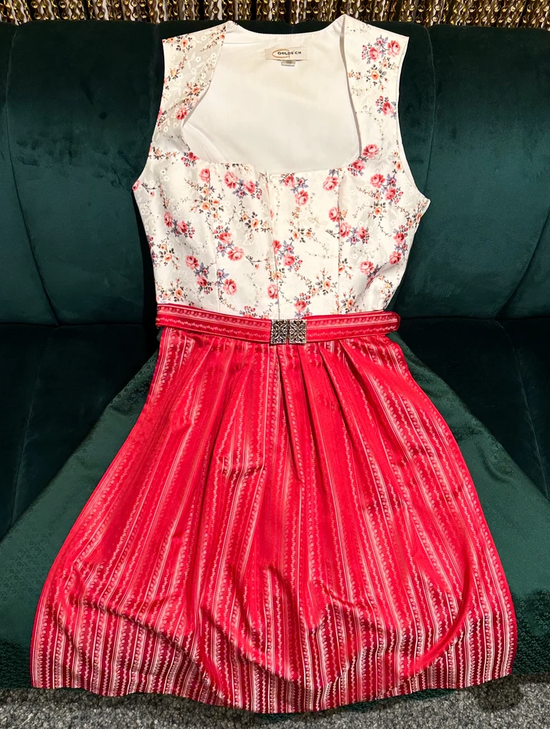 Dirndl Goldstich traditionell weiß/grün/rot geblümt 70cm