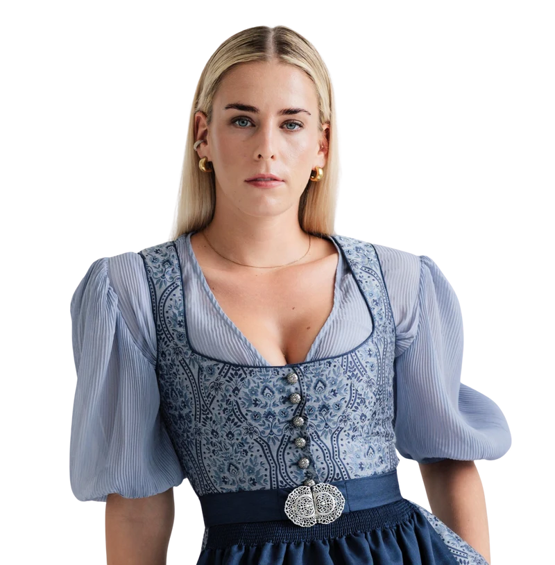 Dirndlbluse Alpenfee, Penelope, Ballonärmel, blau, Plissee
