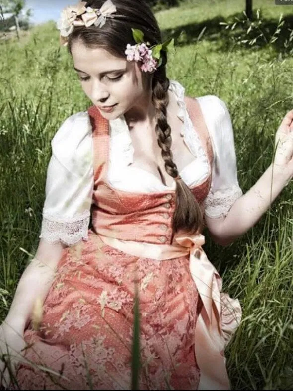 Dirndl Trentini, Lachs, Spitze, Midi 70 cm, Brautdirndl, Gr. 38