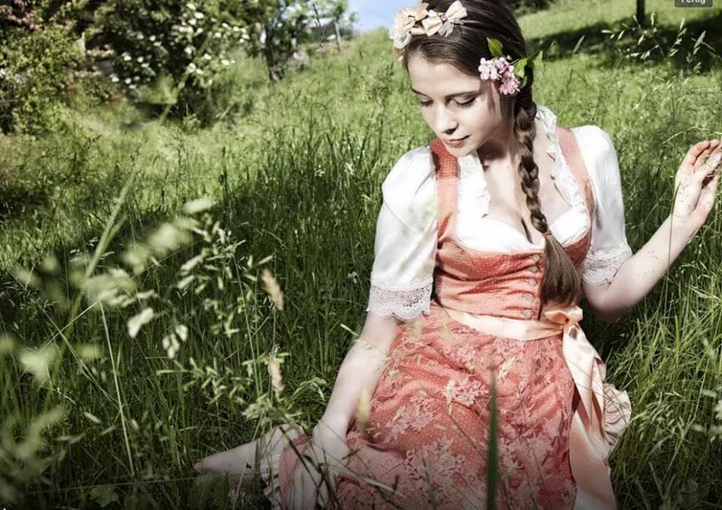 Dirndl Trentini, Lachs, Spitze, Midi 70 cm, Brautdirndl, Gr. 38