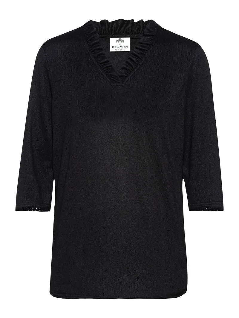 Leichter Strickpulli mit Rüschen-V-Ausschnitt