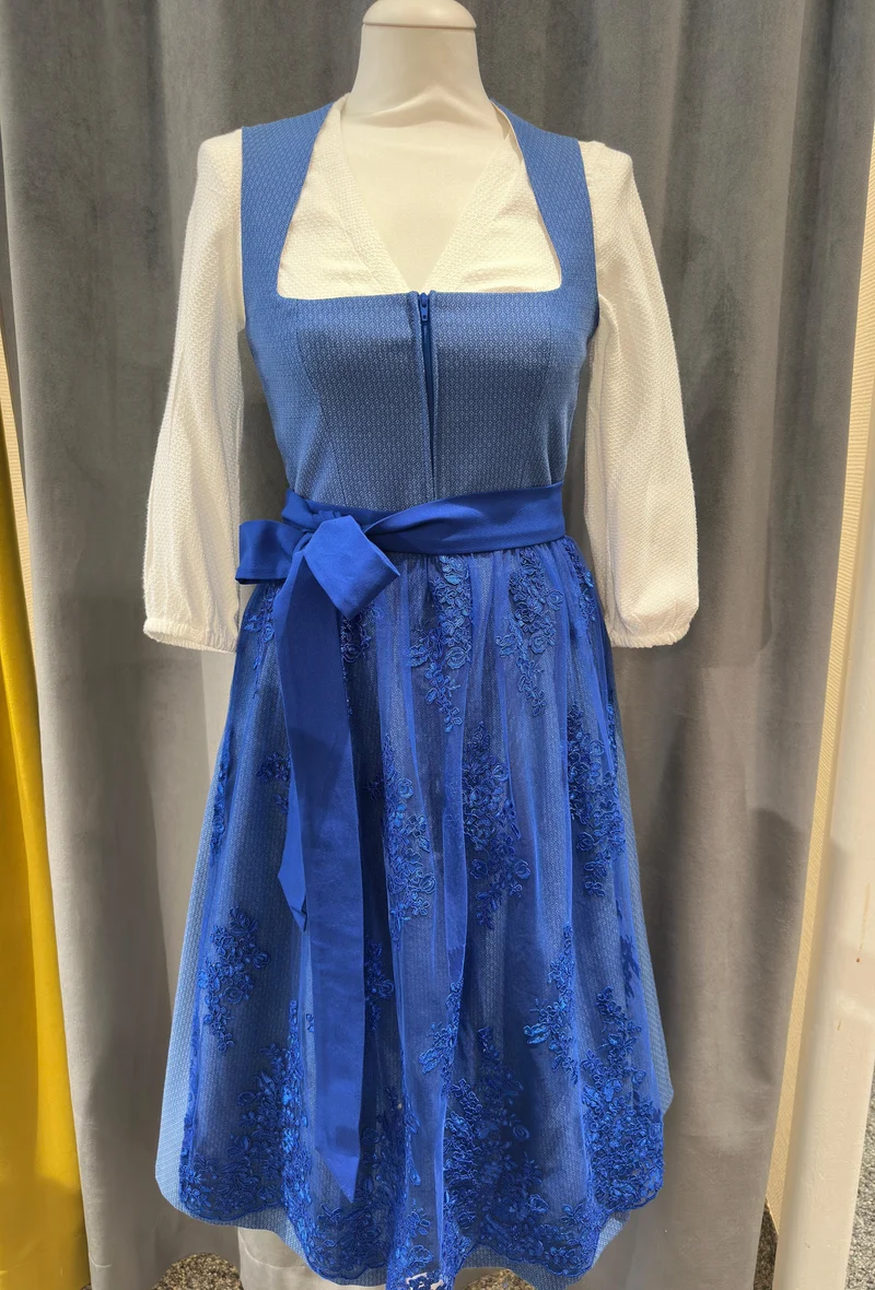 Dirndl Goldstich hellblau mit Spitzenschürze 70cm