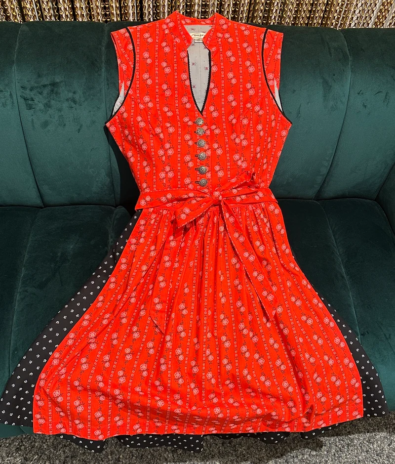 Vintage Baumwolldirndl Goldstich orange/schwarz/weiß 65cm