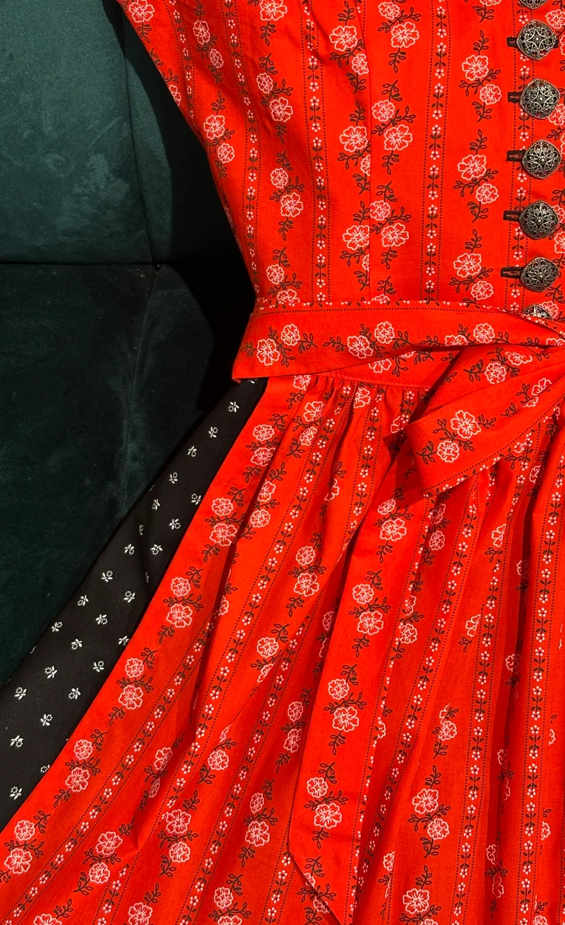 Vintage Baumwolldirndl Goldstich orange/schwarz/weiß 65cm