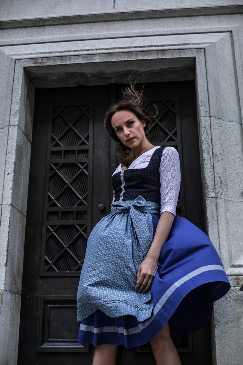 LODEN DIRNDL KARO FLOWER STRIPES DUNKELBLAU/ ENZIAN