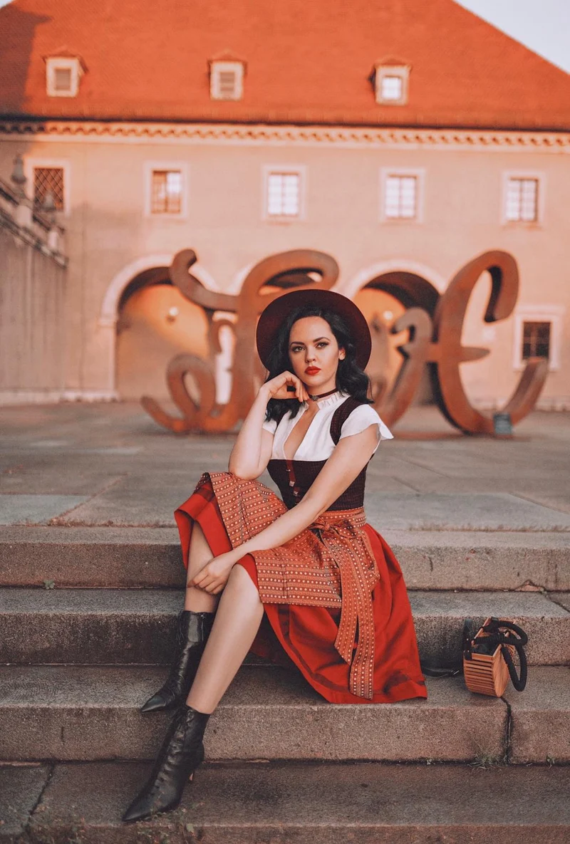 LODEN DIRNDL KARO FLOWER STRIPES CHIANTI/ ROST
