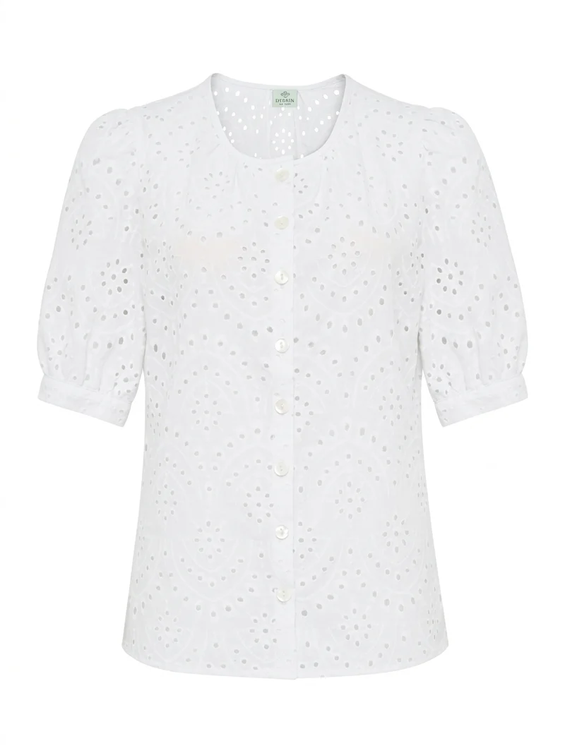 Bestickte Baumwollbluse mit Lochmuster & 3/4 Arm